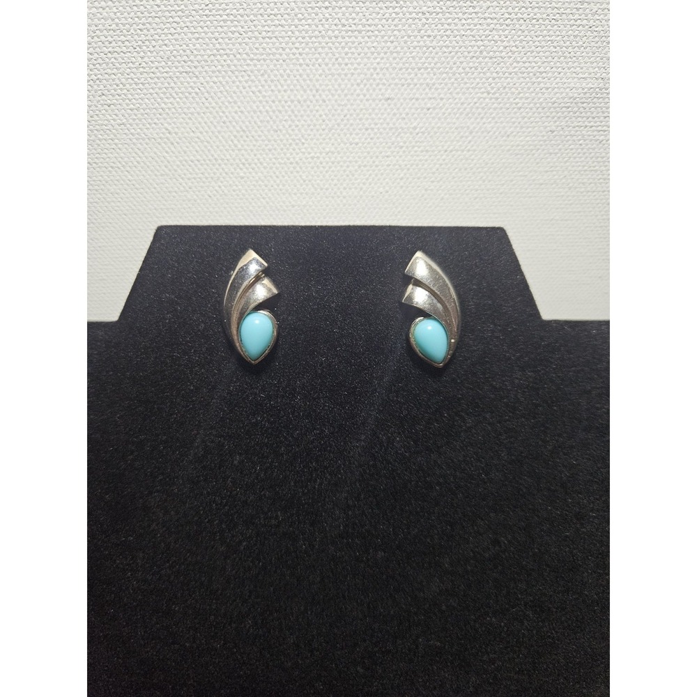 Vtg Avon Southwest Style Silver Tone Faux Turquoise Teardrop Cabochon Earrings